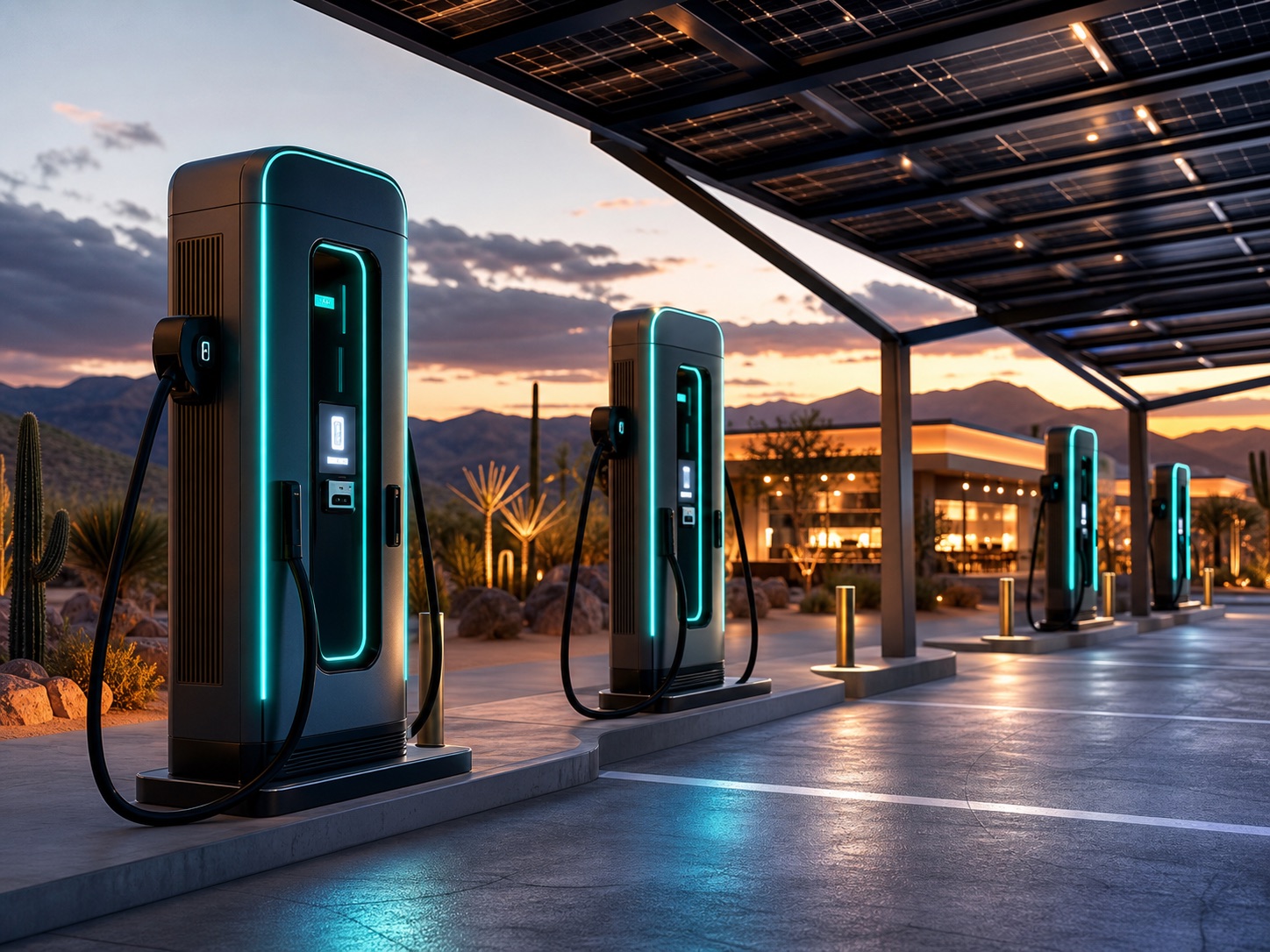 Modern EV fast chargers beneath a solar canopy at dusk.