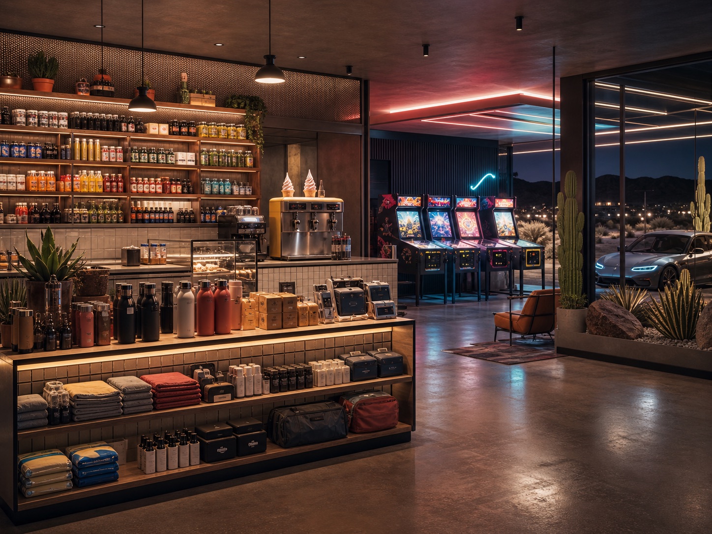 Modern roadside market and retro arcade glowing at night.